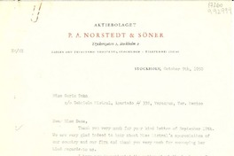 [Carta] 1950 Oct. 9, Aktiebolaget P. A. Norstedt & Soner, Tryckerigatan 2, Stockholm 2, [Sweden] [a] Miss Doris Dana, co Gabriela Mistral, Apartado 338, Veracruz, Ver., Mexico