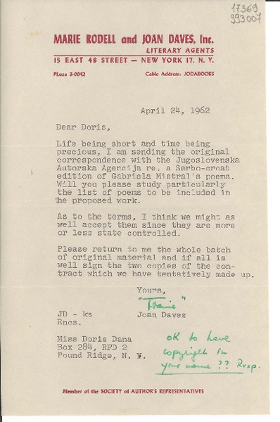 [Carta] 1962 Apr. 24, [New York, Estados Unidos] [a] Miss Doris Dana