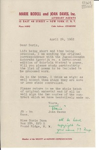[Carta] 1962 Apr. 24, [New York, Estados Unidos] [a] Miss Doris Dana