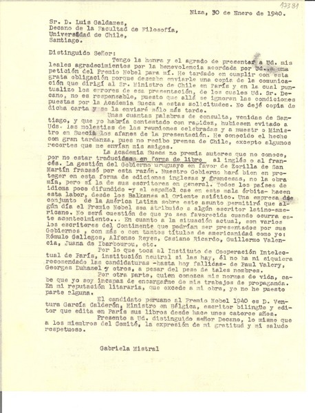 [Carta] 1940 ene. 30, Niza, [Francia] [al] Sr. D. Luis Galdames, Decano de la Facultad de Filosofía, Universidad de Chile, Santiago, [Chile]