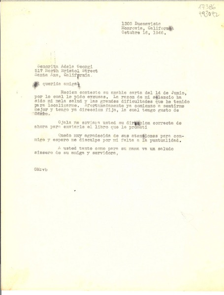 [Carta] 1946 oct. 16, 1305 Buena Vista, Monrovia, California, [EE.UU.] [a la] Señorita Adela [i.e. Adele] Georgi, 517 North Bristol Street, Santa Ana, California, [EE.UU.]