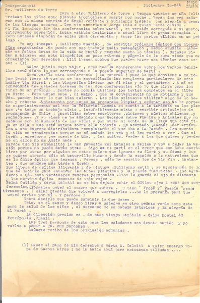 [Carta] 1944 dic. 30, [Petrópolis, Brasil] [a] Guillermo de Torre