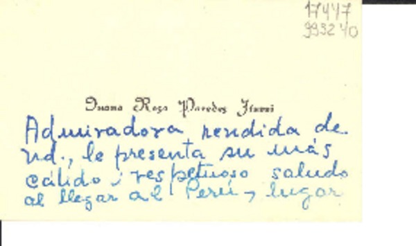 [Tarjeta] 1954 ago. 31, Chiclayo, Perú [a] Gabriela Mistral