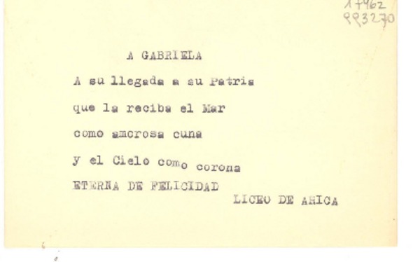 [Tarjeta] [1954], Arica, [Chile] [a] Gabriela [Mistral]