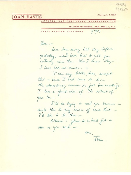 [Carta] 1957 Jan. 11, 112 East 19 Street, New York 3, N. Y., [EE.UU.] [a] Doris