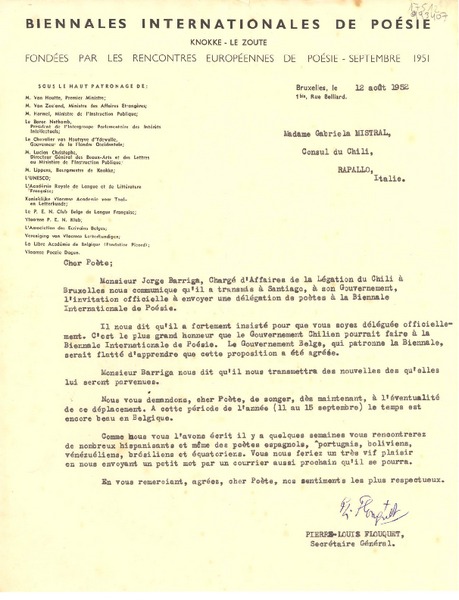 [Carta] 1952 août 12, Bruxelles, [Belgique] [a] Madame Gabriela Mistral, Consul du Chili, Rapallo, Italie