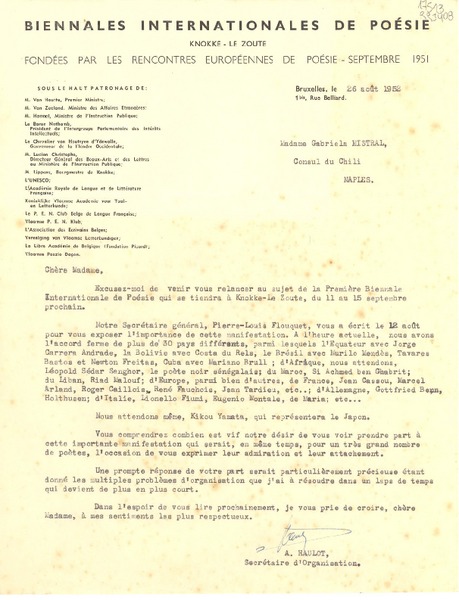 [Carta] 1952 août 26, Bruxelles, [Belgique] [a] Madame Gabriela Mistral, Consul du Chili, Naples, [Italie]