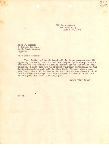 [Carta] 1946 Apr. 30, New York, [Estados Unidos] [a] Miss P. Herman, 9 Oxford Terrace, Guildford, Surrey, England
