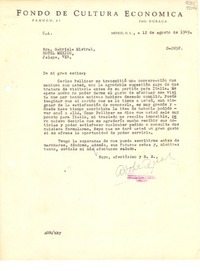 [Carta] 1949 ago. 12, México D. F. [a] Sra. Gabriela Mistral, Hotel México, Jalapa, Ver.