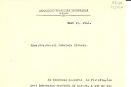 [Carta] 1944 maio 15, Rio de Janeiro, [Brasil] [a la] Exma. Sra. Consul Gabriela Mistral