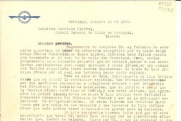 [Carta] 1936 oct. 15, Santiago, [Chile] [a la] Señorita Gabriela Mistral, Consul General de Chile en Portugal, Lisboa