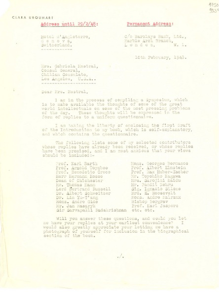 [Carta] 1948 Feb. 10, Geneva, Switzerland [a] Gabriela Mistral, Consul General, Chilian Consulate, Los Angeles, U.S.A
