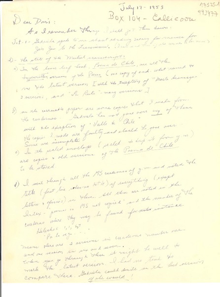 [Carta] 1953 July 12, Box 104, Callicoon, [EE.UU.] [a] Dear Doris