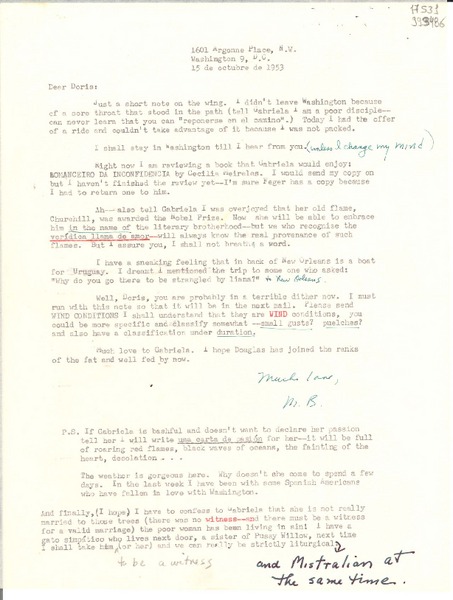 [Carta] 1953 Oct. 15, Washington D. C., [Estados Unidos] [a] Doris Dana