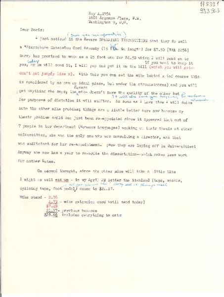 [Carta] 1954 May 4, Washington D. C., [Estados Unidos] [a] Doris Dana