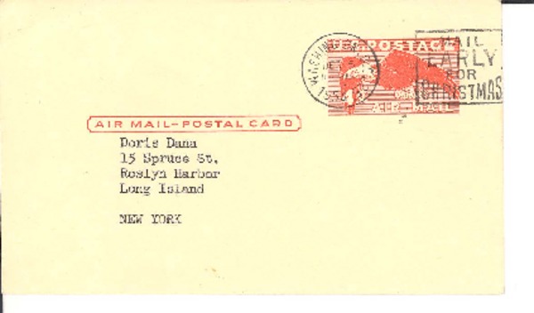 [Tarjeta postal] 1954 Dec. 5, [EE.UU.] [a] Doris Dana, 15 Spruce St., Roslyn Harbor, Long Island, New York, [EE.UU.]