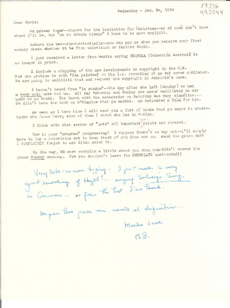 [Carta] 1954 Dec. 8 [a] Dear Doris