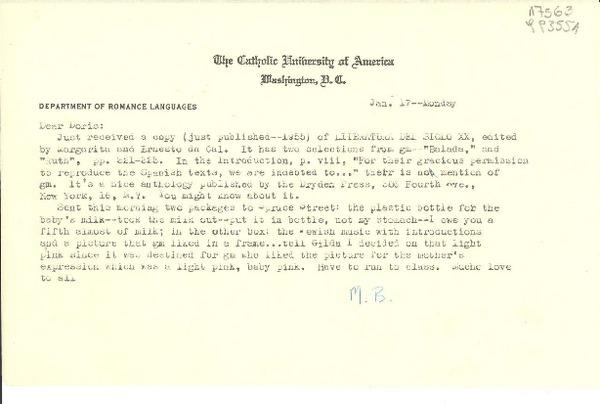 [Carta] [1956] Jan. 17, The Catholic University of America, Washington, D.C., [EE.UU.] [a] Dear Doris