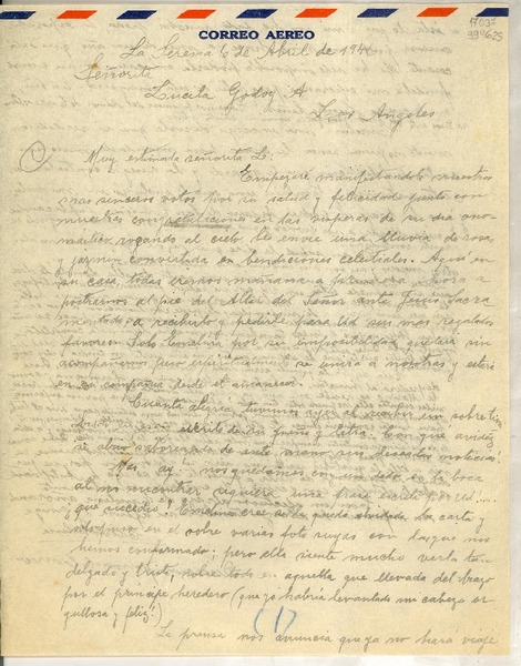 [Carta] 1946 abr. 6, La Serena [a] Lucila Godoy A., Los Angeles