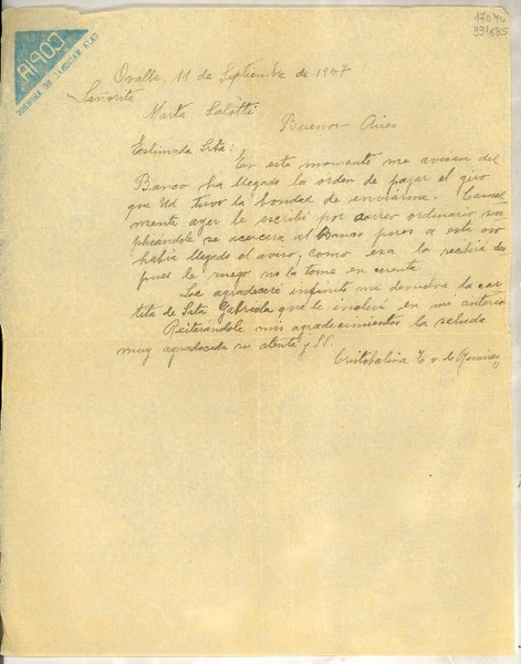 [Carta] 1947 sept. 11, Ovalle [a] Marta Salotti, Buenos Aires