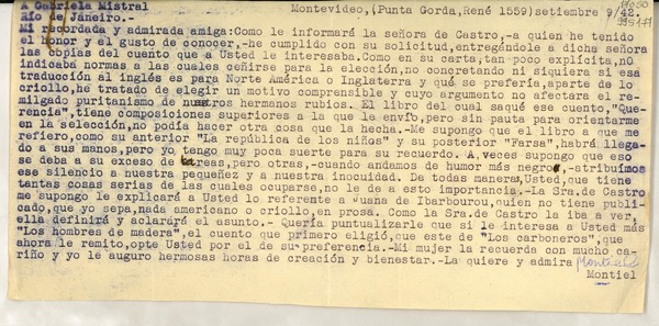 [Carta] 1942 sept. 9, Montevideo, [Uruguay] [a] Gabriela Mistral, Río de Janeiro