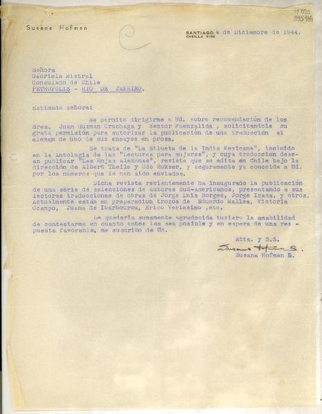 [Carta] 1944 dic. 4, Santiago [a] Gabriela Mistral, Consulado de Chile, Petrópolis, Río de Janeiro