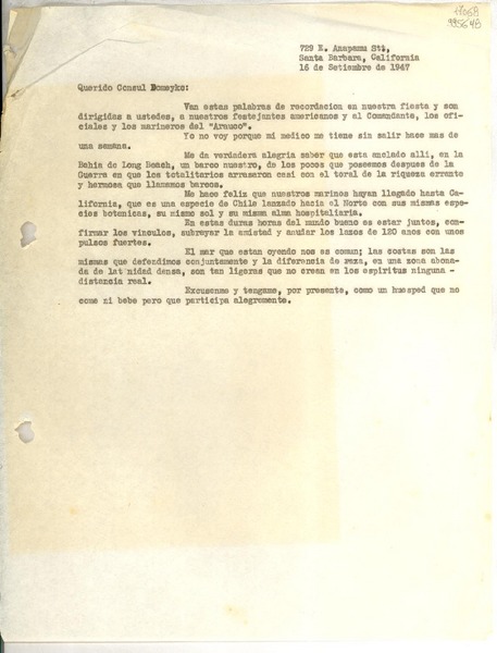 [Carta] 1947 sept. 16, Santa Bárbara, California [a] Querido Cónsul Domeyko