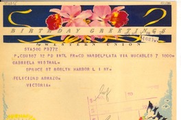 [Telegrama] 1954 abr. 7, Mar del Plata [a] Gabriela Mistral, Roslyn Harbor, NY