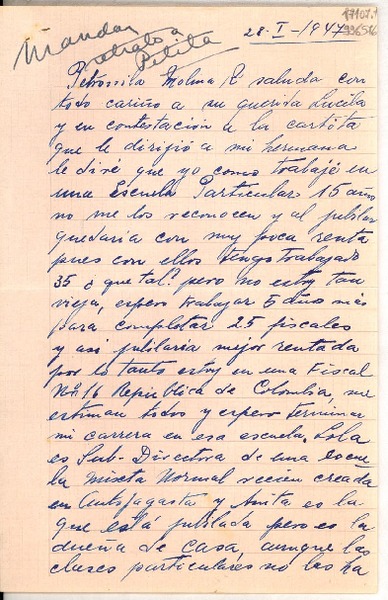 [Carta] 1947 ene. 28, Antofagasta, [Chile] [a] Gabriela Mistral