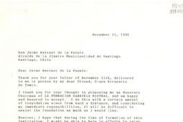 [Carta] 1992 Dec. 11, North Naples, Florida, [Estados Unidos] [a] Don Jaime Ravinet de la Fuente, Alcalde de la Ilustre Municipalidad de Santiago, Santiago, Chile