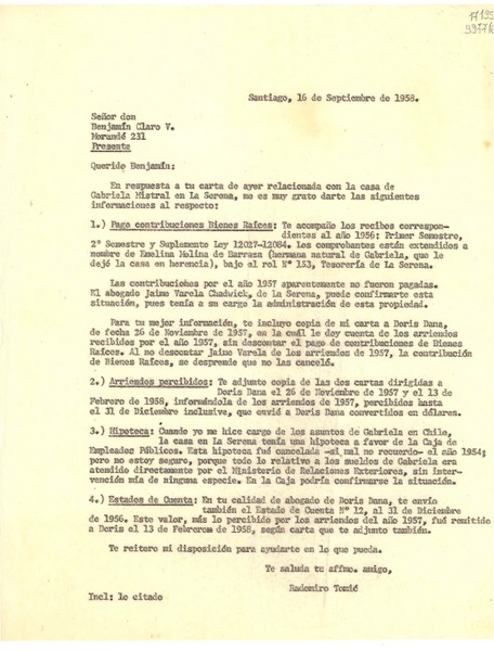 [Carta] 1958 sept. 16, Santiago [a] Señor don Benjamín Claro V., Morandé 231