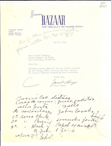 [Carta] 1946 May 21, New York [a] Juan Guzmán Cruchaga, Cónsul General de Chile, San Francisco, California