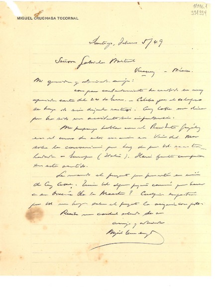 [Carta] 1949 feb. 5, Santiago [a] Gabriela Mistral, Veracruz, México