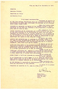 [Carta] 1947 dic. 8, Viña del Mar [a] Señorita Gabriela Mistral, Consulado de Chile, California, U. S. A.