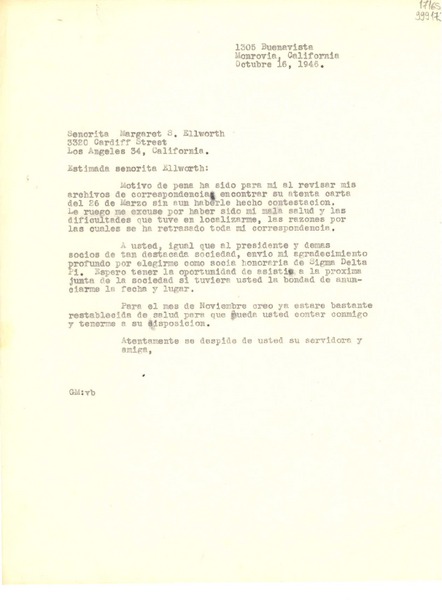 [Carta] 1946 oct. 16, Monrovia, California [a] Señorita Margaret S. Ellworth, Los Angeles, California