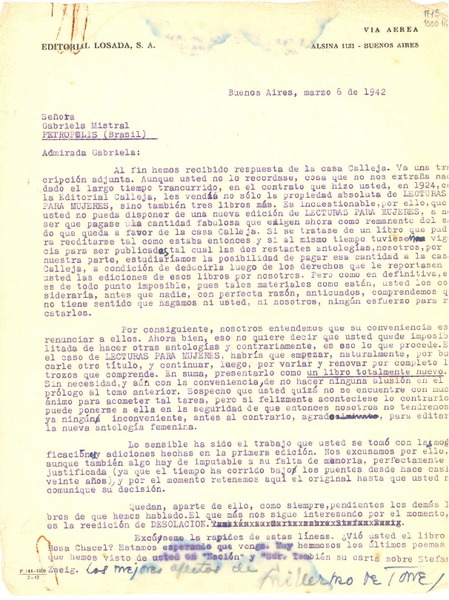 [Carta] 1942 mar. 6, Buenos Aires, [Argentina] [a] Gabriela Mistral, Petrópolis, Brasil