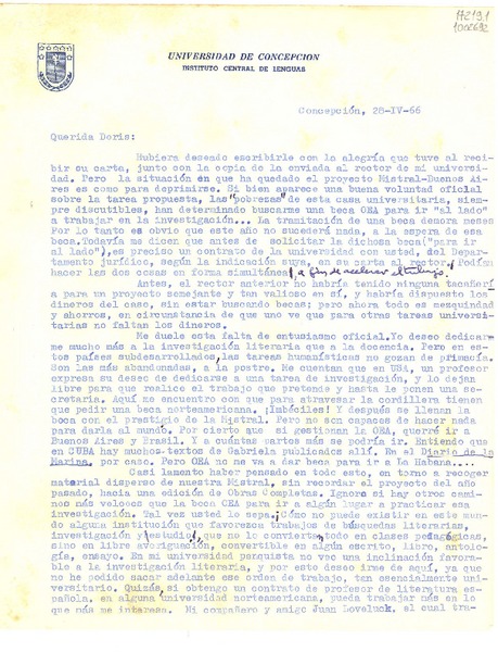 [Carta] 1966 abr. 28, Concepción, [Chile] [a] Querida Doris