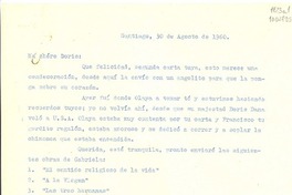 [Carta] 1960 ago. 30, Santiago [a] Doris Dana