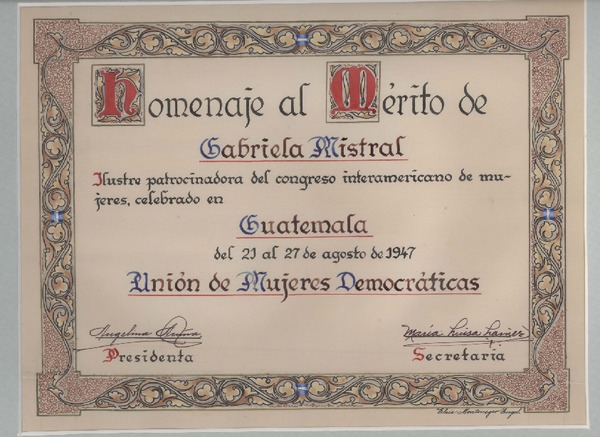 [Diploma] 1947 ago. 27, Guatemala [a] Gabriela Mistral