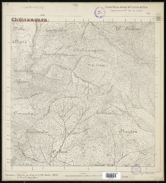 Chilicauquén [mapa] Estado Mayor Jeneral del Ejército de Chile. Departamento de la Carta ; levantada i dibujada por el top. 2o. Y. M. Letelier.