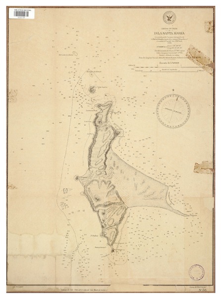 Isla Santa María costas de Chile [material cartográfico] : levantado por la Comisión Hidrográfica de la Bahía Arauco, a bordo de la cañonera "Magallanes" al mando del Cap. de C. don A. Wilson.
