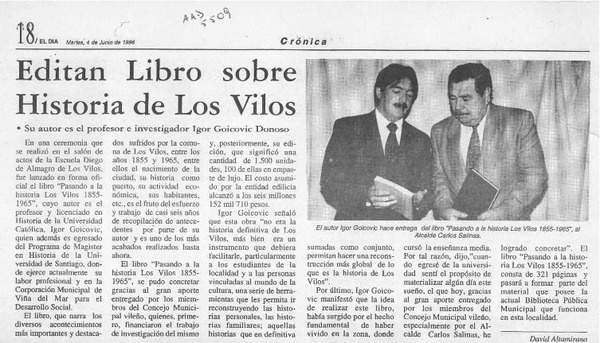 Editan libro sobre historia de Los Vilos  [artículo] David Altamirano.