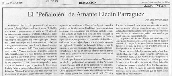 El "Peñalolén" de Amante Eledín Parraguez  [artículo] Luis Merino Reyes.
