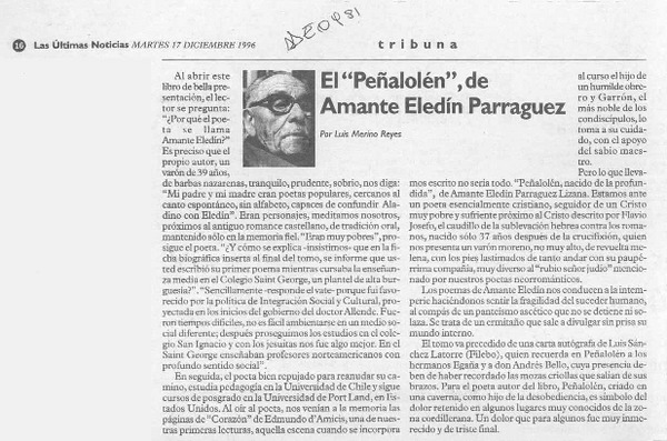 El "Peñalolén", de Amante Eledín Parraguez  [artículo] Luis Merino Reyes.