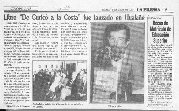 Libro "De Curicó a la costa" fue lanzado en Hualañé  [artículo].