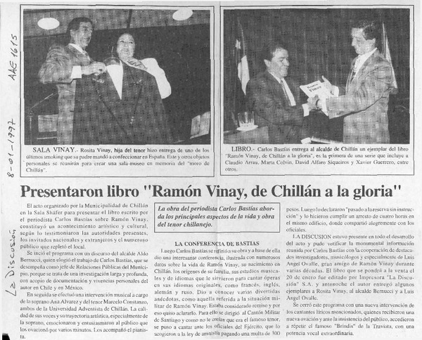 Presentaron libro "Ramón Vinay, de Chillán a la gloria"  [artículo].