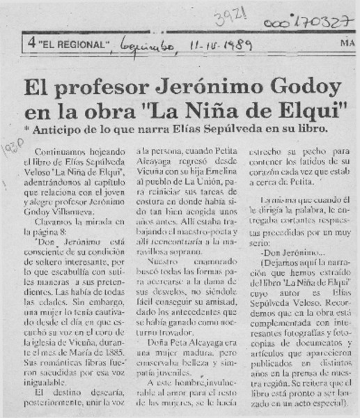 El Profesor Jerónimo Godoy en la obra "La Niña de Elqui"  [artículo].