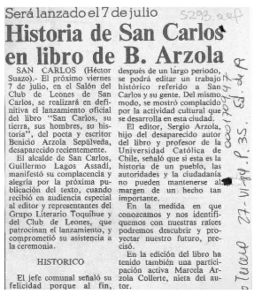 Historia de San Carlos en libro de B. Arzola  [artículo] Héctor Suazo.