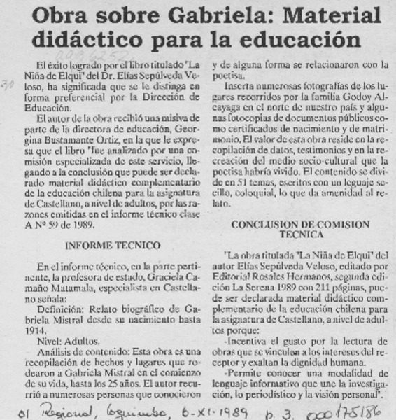 Obra sobre Gabriela, material didáctico para la educación  [artículo].