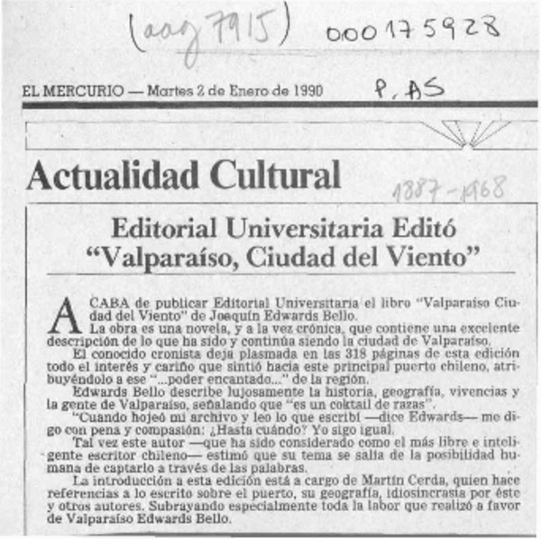 Editorial Universitaria editó "Valparaíso, ciudad del viento"  [artículo].